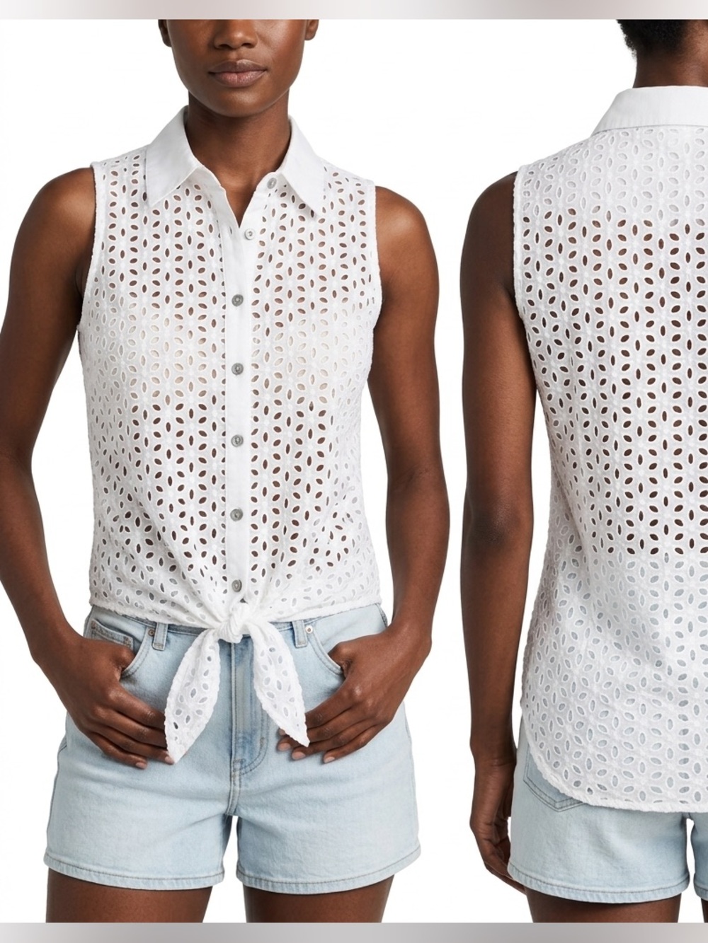 Sleeveless White Eyelet Button-Front Tie Shirt